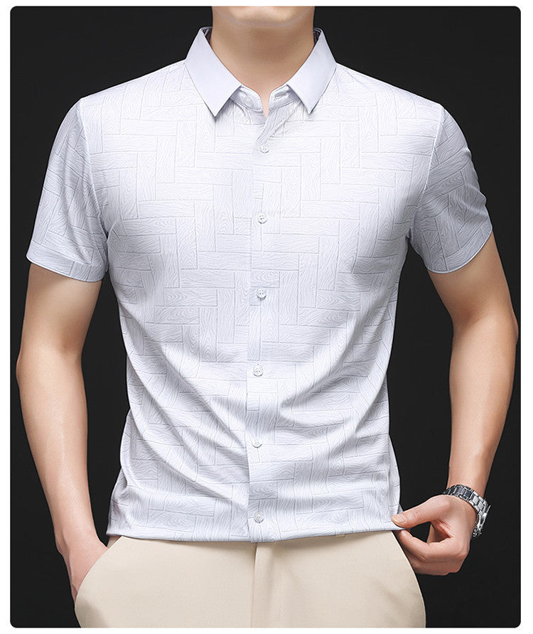 Atmora men's white textured short sleeve stretch shirt with button front and smart casual styling