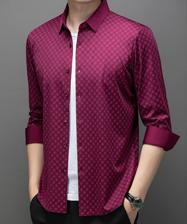 Atmora men’s wine red geometric print full sleeve shirt in a smart casual angled pose