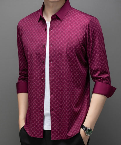 Atmora men’s wine red geometric print full sleeve shirt in a smart casual angled pose