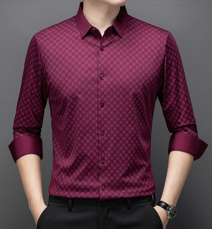 Atmora men’s wine red printed imported stretch full sleeve shirt with button front and folded cuffs