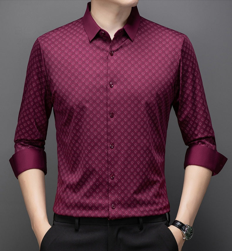 Atmora men’s wine red printed imported stretch full sleeve shirt with button front and folded cuffs